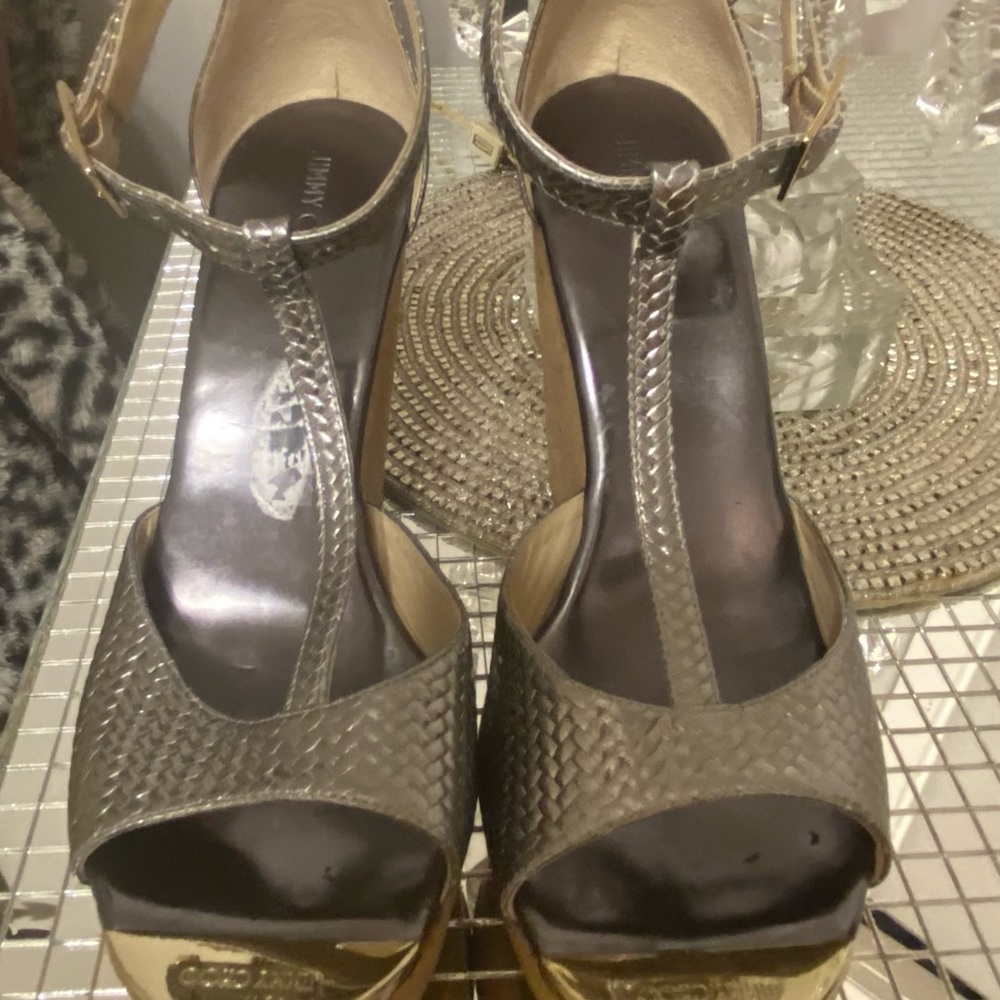 Jimmy Choo Pela Silver T-Strap Cork Platform Wedge Sandal Size 41 - Picture 2 of 16